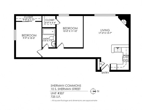 A black and white image of a floor plan for a 10 S. Sherman Street apartment.